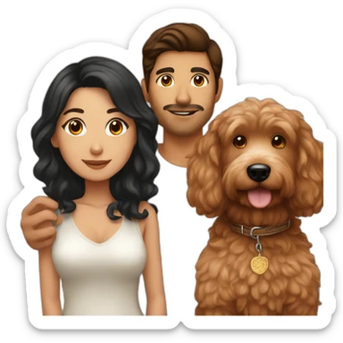 Mexican guy with brown hair and asian girl with long black hair holding red goldendoodle sticker