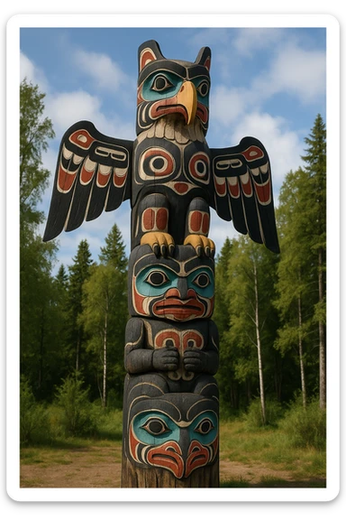 A Pacific Northwest totem pole carved from wood, featuring stacked animal figures including an eagle at the top. The pole is adorned with bold tribal patterns and painted in red, black, white, and blue. The animal carvings have stylized features like curved beaks and large eyes, with intricate ornamental details. The totem pole stands outdoors in a natural setting, representing indigenous heritage and spiritual symbolism. sticker