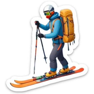 Icon for Mountain Tourism: a snowy mountain peak in the landscape, with skis, a snowboard, an ice axe, a backpack and a camera. The icon should capture the adventure and exploration of mountain landscapes. Transparent background. sticker