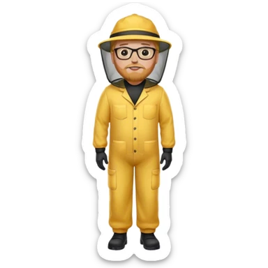 full body medium plus size male bee keeper in yellow and black with short light strawberry blonde hair and goatee wearing glasses with bee keeper hat sticker