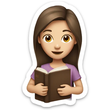Girl with brown hair holding a book sticker