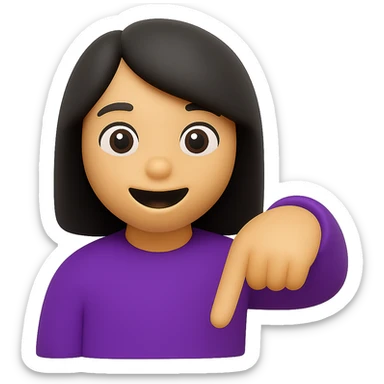 Edit the image of a woman with black hair and a purple shirt, finger pointing down, in the style of 3D emoji. The background should be transparent. The style is inspired by Microsoft style 3D fluent emojis, concise and emoji-like. sticker