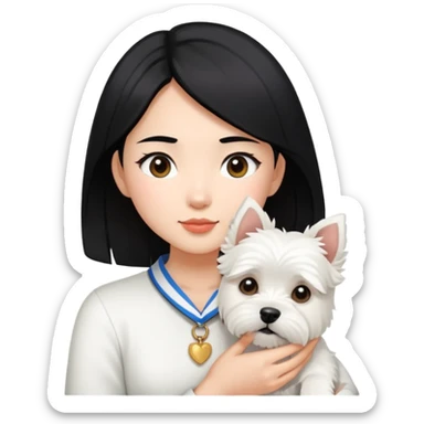 An Asain girl with black hair to her collar bone holding a west highland terrier  sticker
