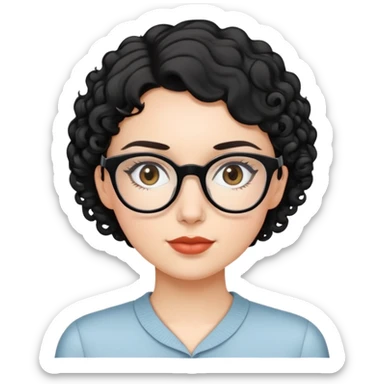 a white girl with short and cruly black hair wearing thin frame glasses sticker