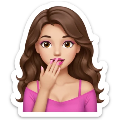 girl with long wavy brown hair, brown eyes, long lashes makeup, sexy pink lips, light to medium complexion, wearing a pink sexy top, sexy, giggling hand covering mouth sticker