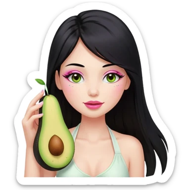 Long black hair with no bangs, straight hair, pretty face. Wearing white halter top. Pink blushed cheeks, long lashes, pin glossy lips. One eyes with wink. One hand with avocado juice.d sticker