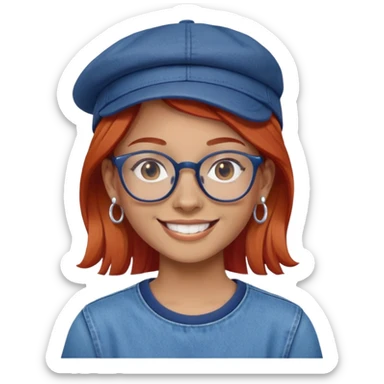 Young person with red hair, glasses, earrings and a wonderful smile, wearing blue clothes, jeans and a cap sticker