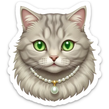 fluffy light grey tabby cat with green eyes, white tummy, and a pearl necklace  sticker