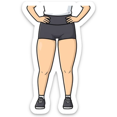 person standing with legs apart, wearing three-point shorts and black pantyhose sticker