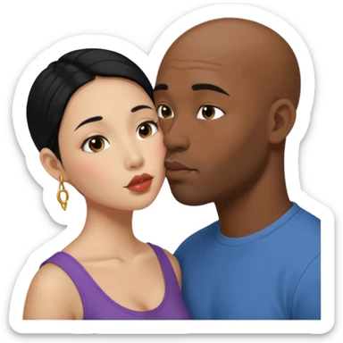 Bald black man with short beard deeply kissing each other. She is a short younger looking asain women. She has long black hair and a nose ring sticker