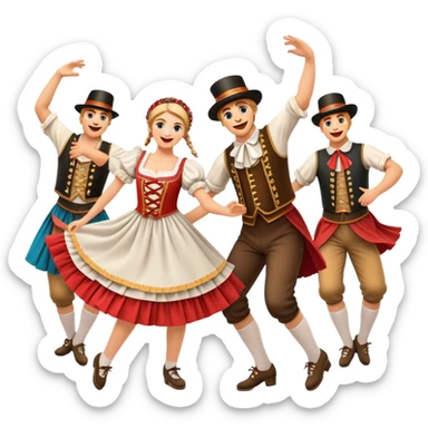 Cinematic Realistic Schuhplattler Dance Emoji, depicted as a lively traditional folk dance scene with performers in authentic Bavarian costumes, rendered with dynamic textures and festive natural lighting that captures the spirit of rural celebration. sticker