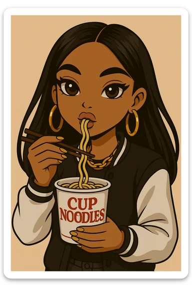 Remove any winking, keep both eyes open, eating a cup of noodles with chopsticks, headshot only, 20-year-old anime Bratz style woman with dark skin, straight hair, trendy outfit, big expressive eyes, glossy lips, no hat, no tears, happy expression, looking straight ahead. Maintain the anime Bratz style and the described features. sticker
