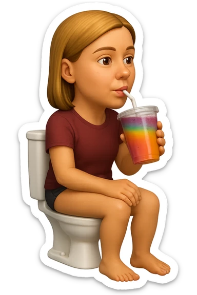 emoji stile iphone di una donna seduta sul wc che beve uno smoothies colorato, iperrealistico 4k sticker