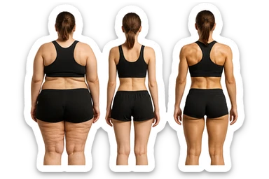 fai una donna di spalle in gym shorts leggermente sovrappeso e con cellulite e accanto una seconda donna di spalle magra (che è dimagrita post dieta) e accanto una terza donna in forma allenata e con le giuste proporzioni, l'immagine deve rappresentare il processo: da donna grassa, a donna piatta e magra, a donna allenata e in forma con i giusti muscoli, iperrealistico 4k sticker