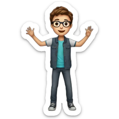 a 12-year-old boy with brown hair and glasses performs on the stage of the theater sticker