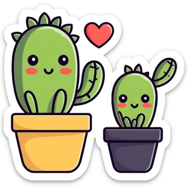 Two Happy Cactus best friends with heart eyes in a pot sticker