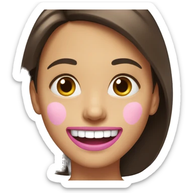 Smiling emoji of a brunette girl, with a pink bone in her mouth halfway down her face sticker