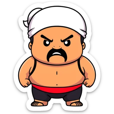 Extreme close-up of face of morbidly obese white skin guy with young face, prominent BLACK DURAG tied clearly on head, black beard but no mustache, clean shaven upper lip, black eyes in a red and black wrestling singlet with angry expression sticker