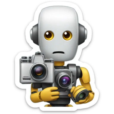 robot director holding a photo camera sticker