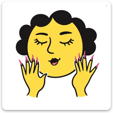 yellow face nodding, closed eyes with false lashes, full lips, hands with pink-painted long nails sticker