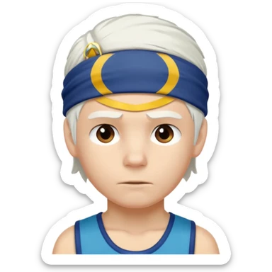 young climber boy with white hair and headband sticker