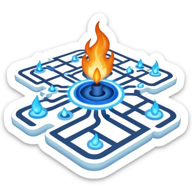 a map with a glowing blue flame on the x and networking paths sticker