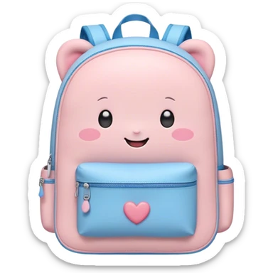 Cute Kawaii Backpack, round and chubby, soft pastel pink and blue, tiny heart-shaped zippers, blushing cheeks, a tiny smiling face, a happy school-time companion! sticker