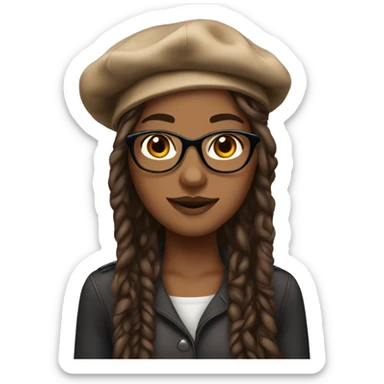 Beautiful brown skin woman with brown eyes, long locs, wearing glasses and a beret  sticker