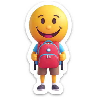 3D smiley emoji, round shape, student with backpack in front of university building, yellow color, smiling face sticker