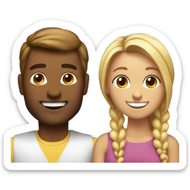 Woman and man smiling, woman has straight Brown hair in a ponytail, slightly sunkissed skin, man has blonde long hair which are in a ponytail, slightly sunkissed skin sticker