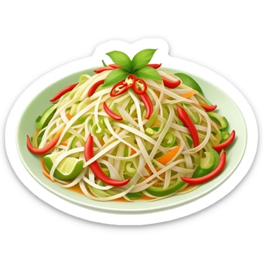 Cinematic Realistic Som Tam (Papaya Salad) Dish Emoji, featuring a spicy, tangy salad of shredded green papaya with chili and lime rendered with crisp textures and bright, lively lighting. sticker