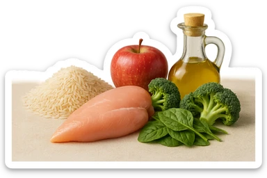 Riso basmati
Petto di pollo
Verdura fibrosa verde
Olio EVO
Mela
poggiati sul tavolo sticker