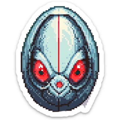 a strange large transparent alien egg, floating inside with a visible creature inside, embryo, embryonic, fetal shape, primordial, early growth, 3 glowing red eyes, illuminated from above, shining glass egg sticker