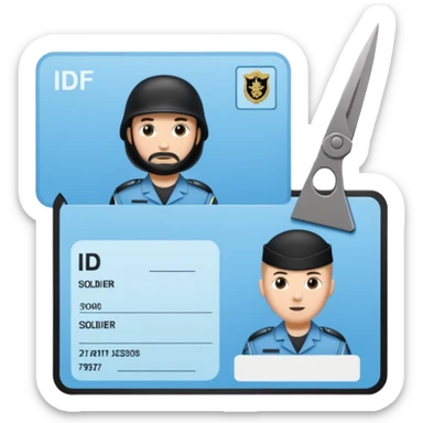 black Scissors cutting a light blue idf soldier ID card in 2 parts .hyper realistic sticker