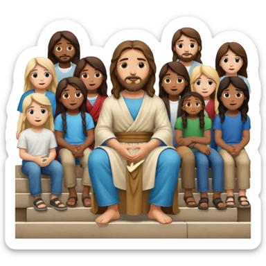 Jesus sitting on city steps, talking to a group of young people from various backgrounds sticker