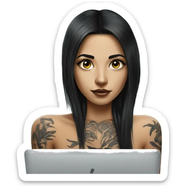 Hyperrealistic girl with black long hair tattoos laptop sticker