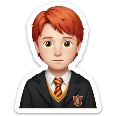 Ron Weasley with red hair, freckles, and Gryffindor school uniform sticker