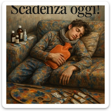 Young artist asleep on a paint-stained sofa, above the Italian text 'Scadenza oggi!', medicine bottles and hot water bottle as supplies, chaotic and creative atmosphere, hyperrealistic details 4K, Italian text. sticker