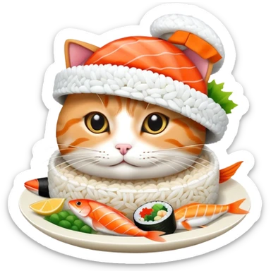 cat wearing a hat with a rice base and multiple fish pieces on top, sushi hat sticker