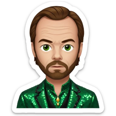 Hugo Weaving with brown hair, dark green sequin outfit sticker