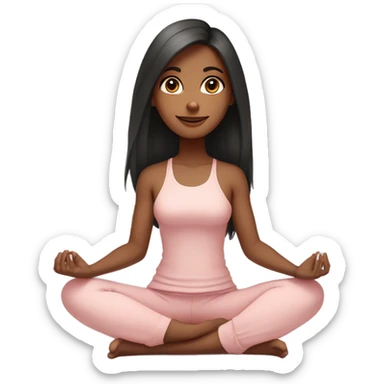 black long hair and brown eyes with long eyelashes tan skin yoga girl in light pink clothes sitting on a yoga mat  sticker