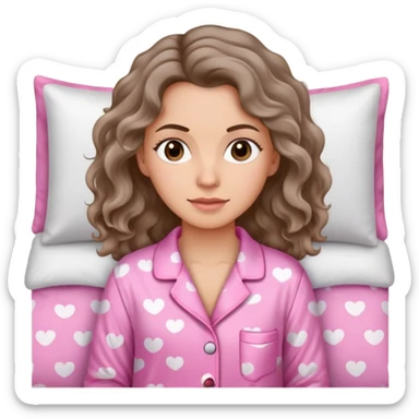 mulher branca de cabelos ondulado, olhos castanhos escuro de pijama rosa sticker