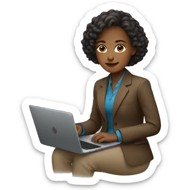 A girl sitting in a brown caro blazer with her HP laptop sticker