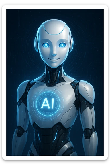an AI agent, futuristic, digital, glowing, friendly sticker