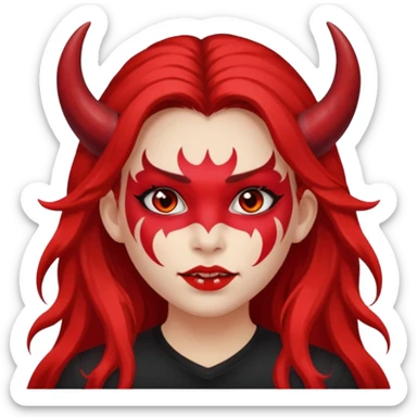 a long-haired red face paint devil girl with shirt sticker