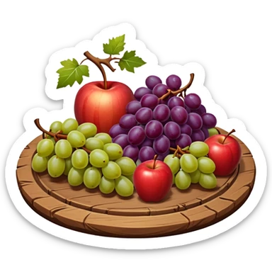 medieval fruit platter object icon, grapes and apples and pears, rustic plate, 3D cartoon, mobile game icon style, clean background, no text, no watermark
 sticker