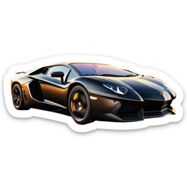 Lamborghini Aventador driving down the street, headlights blazing. The sky glows in warm sunset hues, reflecting off the sleek car. Motion blur emphasizes speed, with palm trees and city lights in the background. Transparent background. sticker