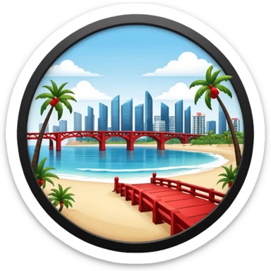 a circle island with modern buildings, a beach with palm trees in the front. also, a red bridge behind.  sticker