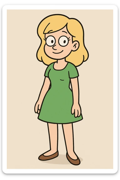 blonde-haired girl in a bright green dress, standing, friendly face, plain background sticker
