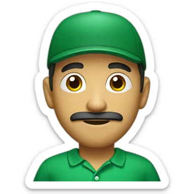 Mexican character with little beard, large eyes, wide nose, triangular eyebrow, wearing beret and green polo shirt sticker